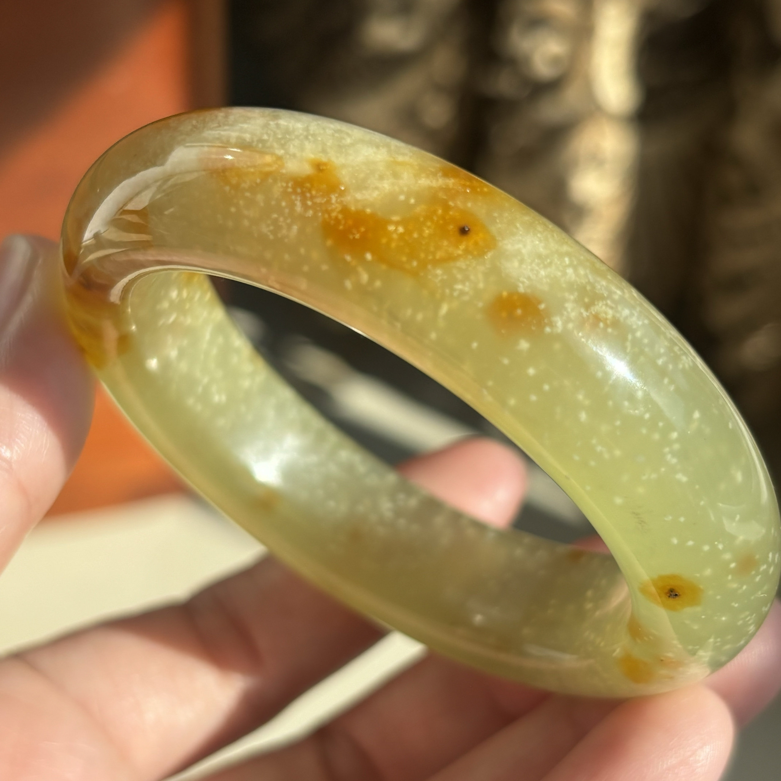 天然岫玉辽阳花玉桂花糕手镯53口径洒红沙鸿运当头正品包邮图片