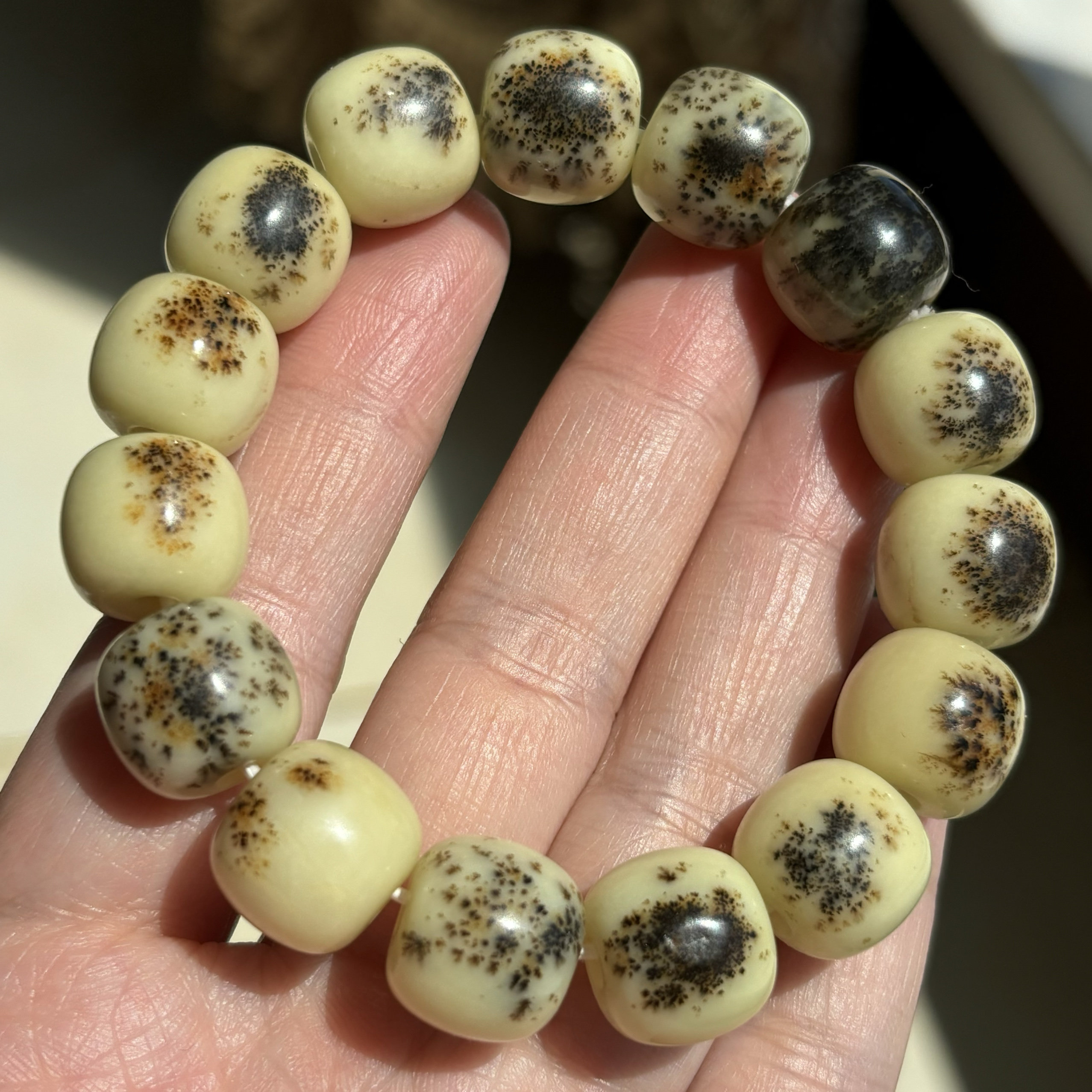 天然岫岩玉辽阳花玉奶黄包桶珠黑红草花手串油质料正品包邮保真