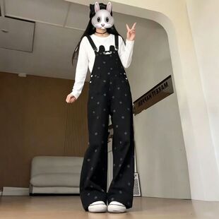 学院风中大童新款套装背带长裤宽松+白色长袖上衣T恤两件套童装女