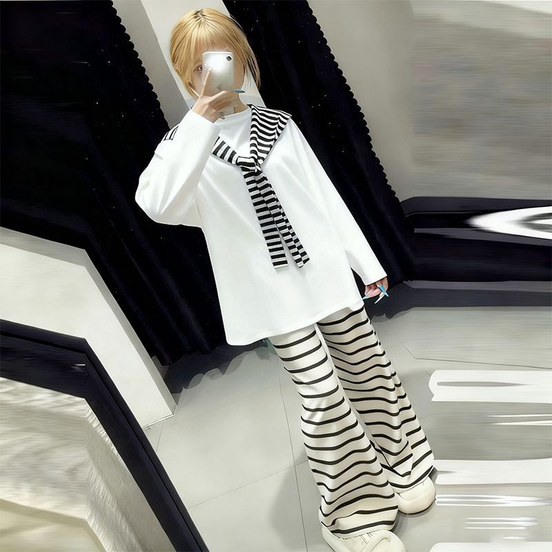 中大童白色长袖带披肩条纹秋冬穿搭横条纹裤子套装ins风童装潮流