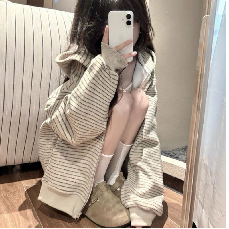 2025新款撞色条纹连帽拉链卫衣女春秋韩系中大童宽松休闲开衫外套