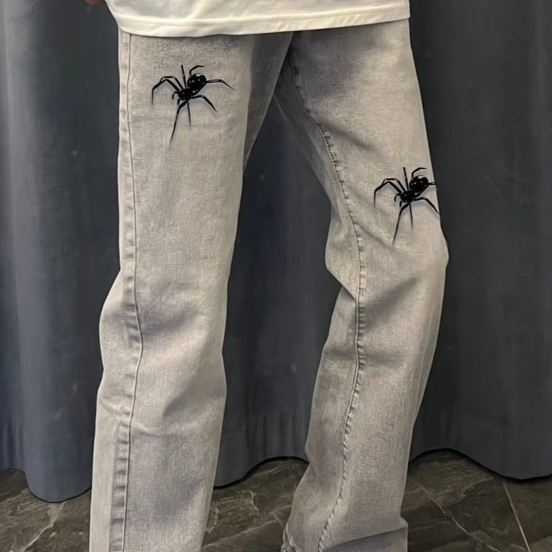 中大童美式高街印花蜘蛛牛仔裤休闲潮ins直筒黑色烟灰色裤子男款,童装/婴儿装/亲子装,儿童牛仔裤,淘宝优惠券,粉丝福利购,淘宝优惠卷