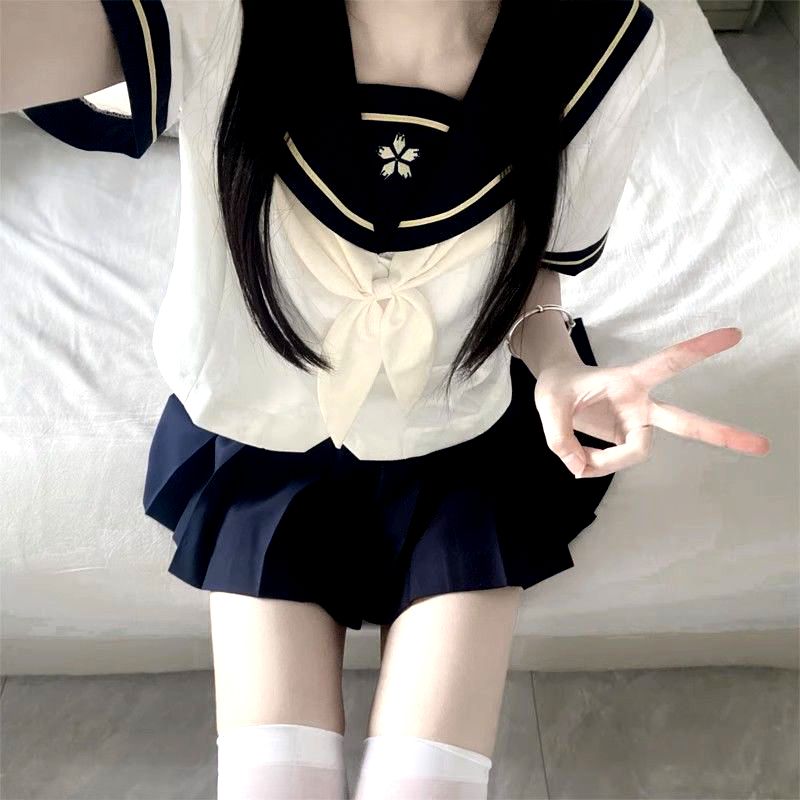 JK女童撞色短袖夏季上衣制服套装简约日系学院百褶半身裙两件套裙