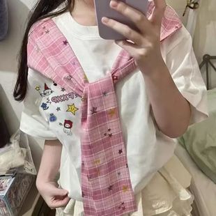 t恤女夏季 兒童網(wǎng)紅同款 印花美式 復(fù)古格子披肩假兩件寬松短袖 穿搭