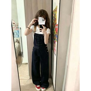 中大童复古背带裤女夏季短款上衣2026新款宽松简约牛仔长裤两件套