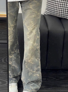 浅蓝色中大童满印提花牛仔裤男女童美式高街vibe裤子显瘦直筒长裤