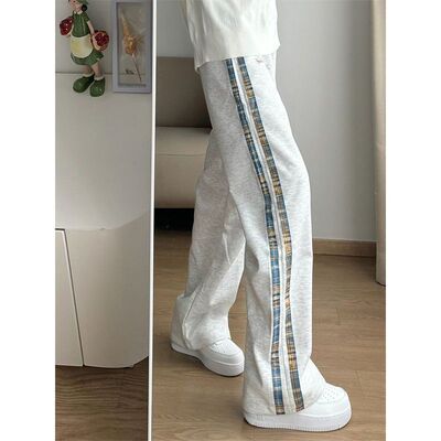花灰色条纹裤子女款冬美式童装拼接格子春秋季直筒垂感休闲运动裤