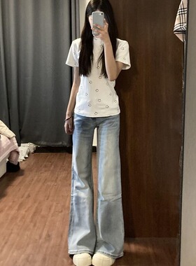 小个子美式不贴复古女童蓝色低腰牛仔裤女显瘦低腰宽松拖地裤长裤