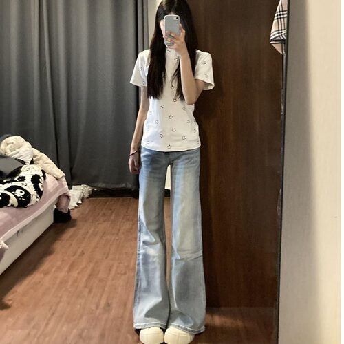 小个子美式不贴复古女童蓝色低腰牛仔裤女显瘦低腰宽松拖地裤长裤