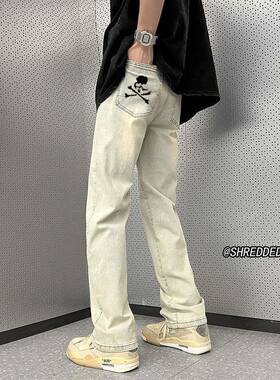 高街vibe骷髅印花牛仔裤黑色男生童装直筒春夏季设计感长裤子男潮