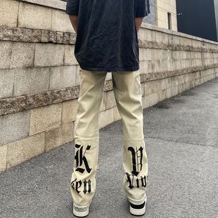 美式街头中大童黄泥印花牛仔裤国潮男女直筒宽松水洗泛黄长裤子潮