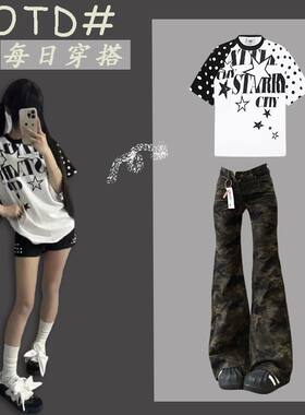 波点印花T恤搭配迷彩裤中大童2026夏季穿搭套装女童显瘦学生版女