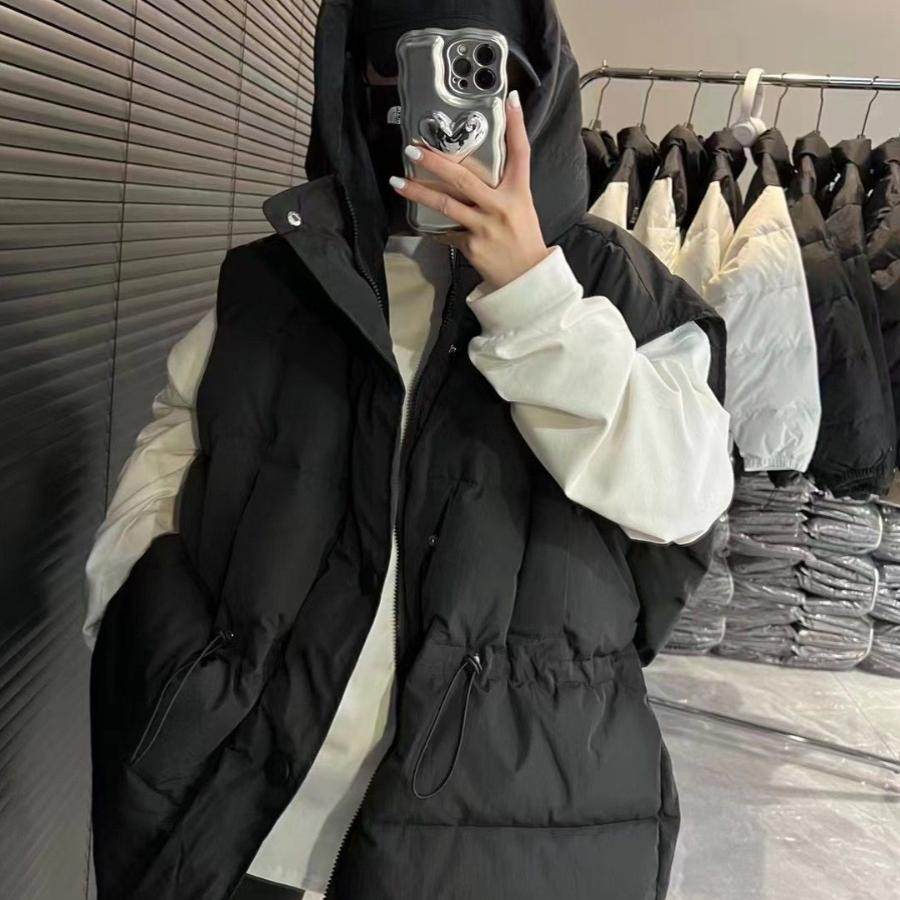 马甲女秋冬新款羽绒棉马夹宽松无袖坎肩外套潮连帽保暖黑色马甲女