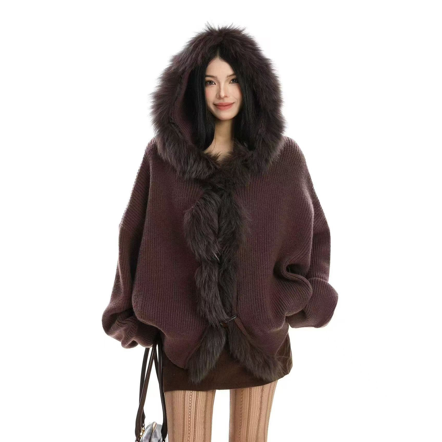 BIGGOLD设计感大毛领拼接连帽毛衣女秋冬慵懒风气质宽松针织上衣