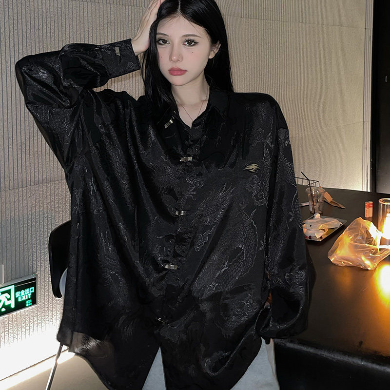 春秋大码女装胖妹妹暗黑禁欲系丝光长袖衬衫女设计感小众开衫上衣
