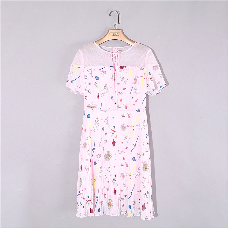 CF专柜正品折扣品牌女装夏季印花修身百褶雪纺连衣裙7341LC172