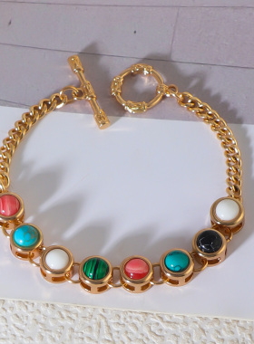 原创设计 欧美风饰品 彩色松石时尚合金金属链条个性简约手链女