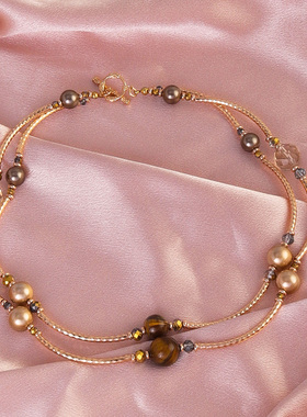 原创设计 欧美风饰品 铜管天然虎眼石双层质感轻奢款项链女