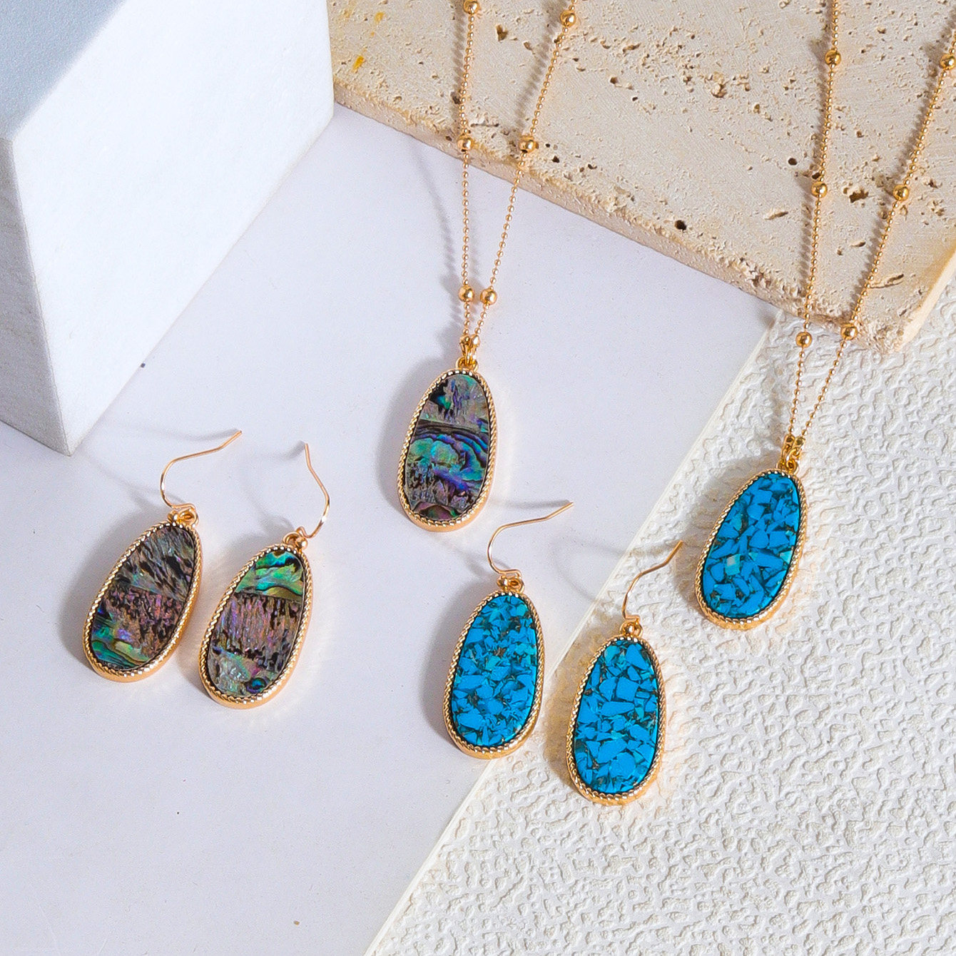 原创设计 欧美风饰品 蓝松鲍鱼贝时尚个性简约吊坠项链耳环女套装