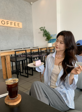 LE LIEBE 夏日小调 韩系蓝色条纹 休闲防晒衬衣 极简city宽松百搭