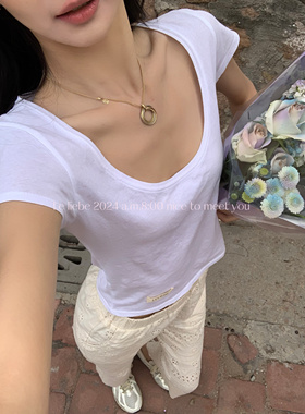 LE LIEBE 2024新款春夏 白色 欧美大U领纯棉正肩短袖 纯欲风