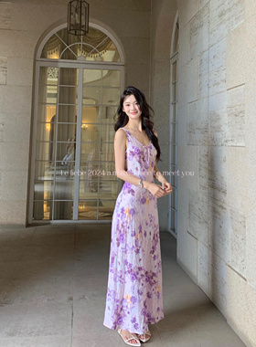LE LIEBE 女夏新款 夏日度假风 碎花吊带 蝴蝶结 修身长连衣裙