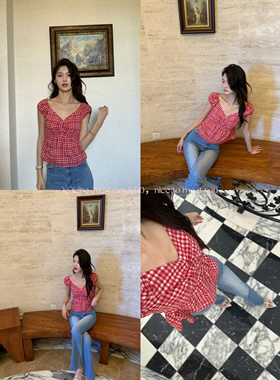 LE LIEBE 红色格子飞袖上衣 宽松娃娃版 减龄气质 夏季背心度假风