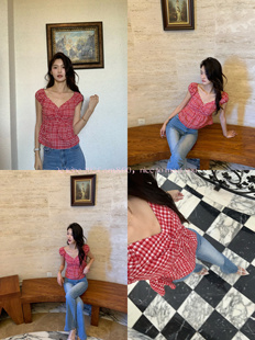 LE LIEBE 红色格子飞袖上衣 宽松娃娃版 减龄气质 夏季背心度假风