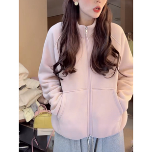 加绒加厚刺绣开衫卫衣女2025冬季新款休闲宽松百搭显瘦立领短外套