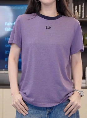 设计感字母刺绣紫色短袖T恤女2025夏季新款撞色领口休闲百搭上衣