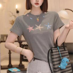 韩系洋气减龄百搭显瘦上衣 T恤女2026夏新款 时尚 重工海星钉珠短袖