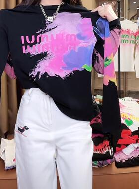 2026春秋新款潮牌重工字母扎染印花长袖T恤女休闲百搭显瘦打底衫