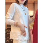 休闲百搭长袖 重工蕾丝拼接加厚双面绒内搭打底衫 女2026春新款 T恤