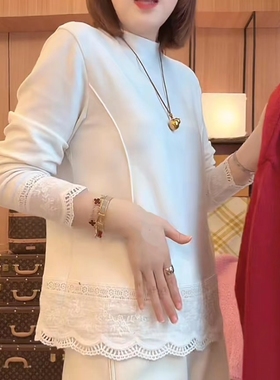 重工蕾丝拼接加厚双面绒内搭打底衫女2025冬新款休闲百搭长袖T恤