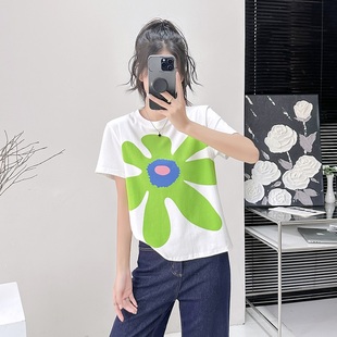T恤女正肩上衣潮 2024夏季 新款 潮流时尚 百搭显瘦花朵印花圆领短袖