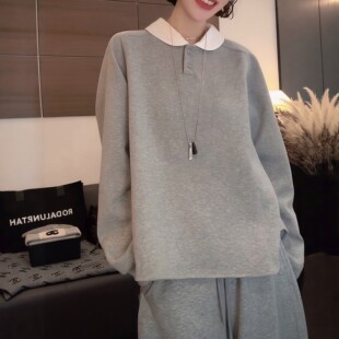 休闲撞色娃娃领休闲卫衣女2026秋季新款简约宽松百搭显瘦上衣ins