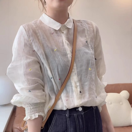 韩系小爱心刺绣薄款衬衫女2025夏季新款休闲百搭苎麻长袖衬衣ins