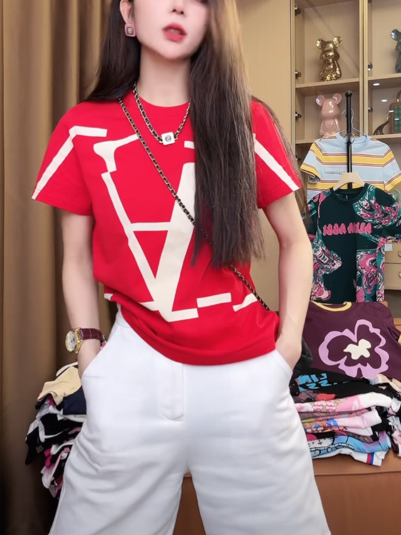 红色正肩短袖T恤女2025夏季新款潮流时尚百搭显瘦设计感印花上衣