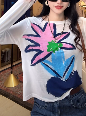 2025夏季新款郁金香印花圆领长袖薄款T恤女休闲百搭显瘦防晒衫ins