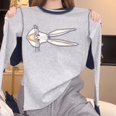 撞色袖 潮牌小兔子刺绣圆领长袖 T恤女2025春秋新款 口百搭显瘦上衣