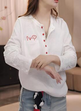 卡通小狗刺绣花朵长袖T恤女2026春夏新款宽松薄款百搭单排扣上衣
