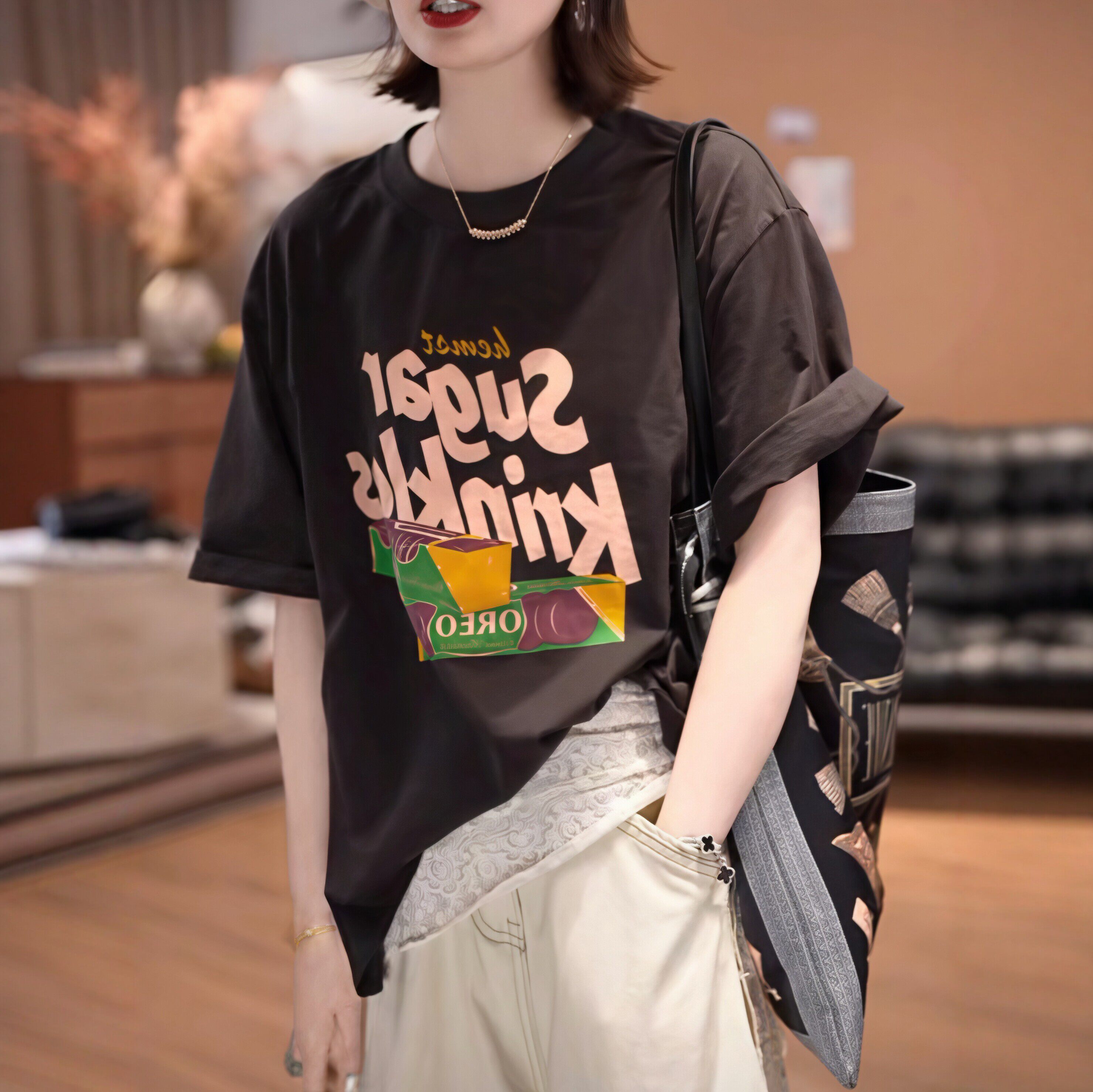 美式字母饼干印花中长款短袖T恤女2026夏季新款宽松百搭显瘦上衣