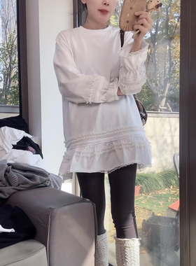 加厚磨毛蕾丝拼接中长款T恤女2025秋冬新款宽松百搭显瘦打底衫潮