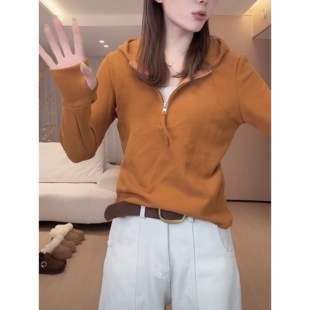 韩系时尚 女百搭减龄显瘦上衣潮 洋气自发热双面德绒半拉链连帽长袖