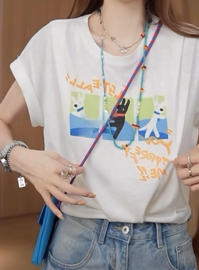设计感卡通兔子印花短袖T恤女2026夏季新款百搭显瘦蝙蝠袖上衣ins