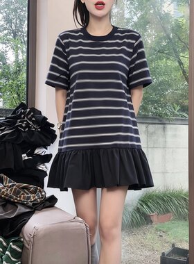 【送运费险】深蓝撞色条纹短袖女