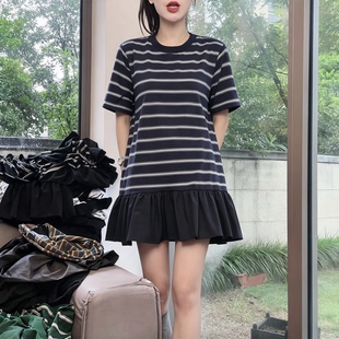 设计感深蓝撞色条纹短袖T恤女2026夏新款减龄百搭显瘦中长款上衣