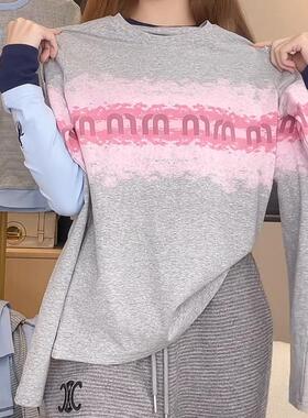 重工扎染字母印花圆领长袖T恤女2026春新款休闲百搭显瘦正肩上衣