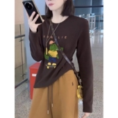 休闲百搭显瘦上衣打底衫 卡通字母鳄鱼印花长袖 T恤女2026早春新款