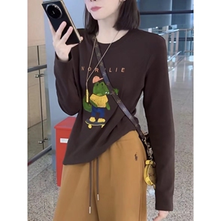 休闲百搭显瘦上衣打底衫 卡通字母鳄鱼印花长袖 T恤女2026早春新款